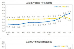 2026年5月PPI同比上涨3.9%，CPI同比上涨1.2%