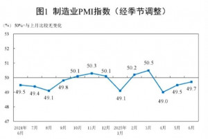 2025年6月制造业PMI为49.7%，比上月微升0.2%